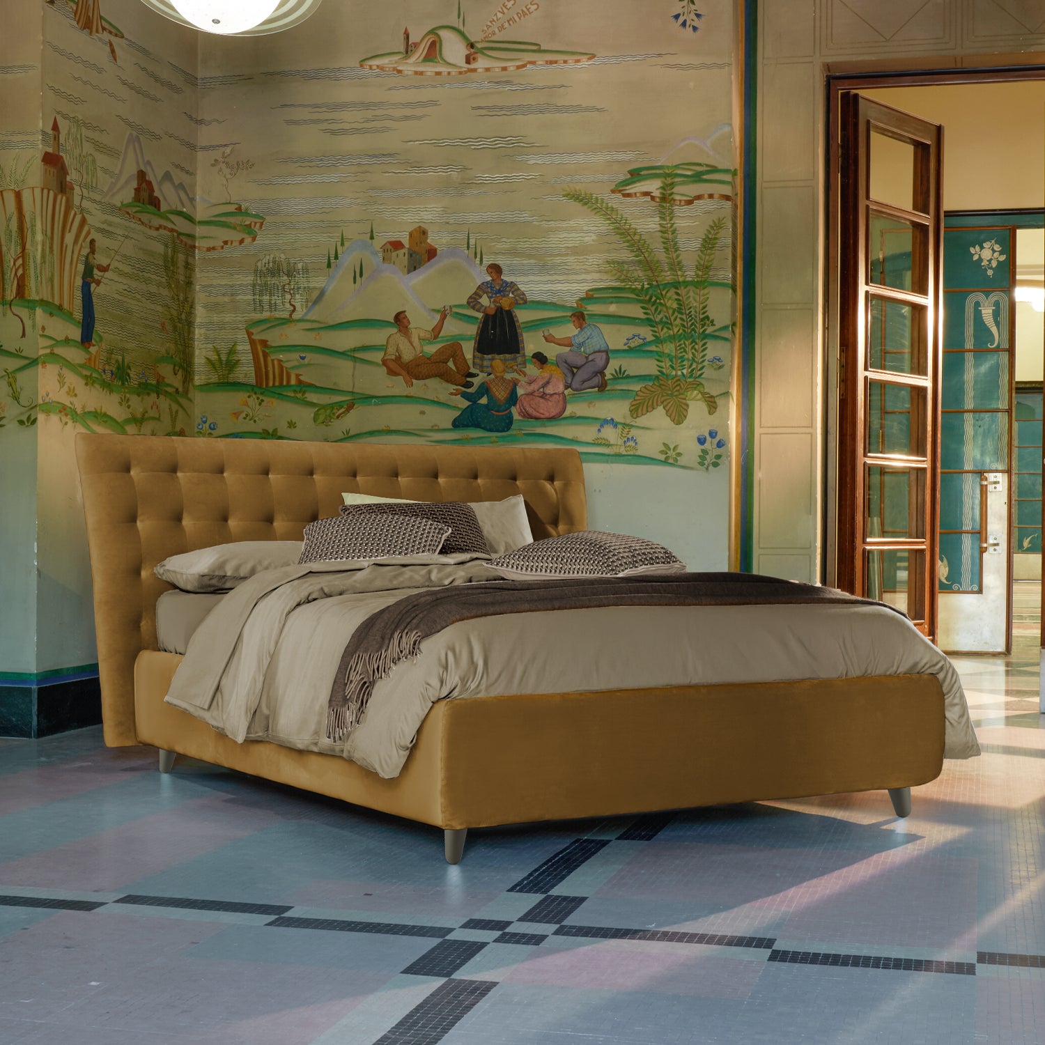 eileen letto nuova collezione myroom dorelan. letto ocra imbottito con lenzuola beige