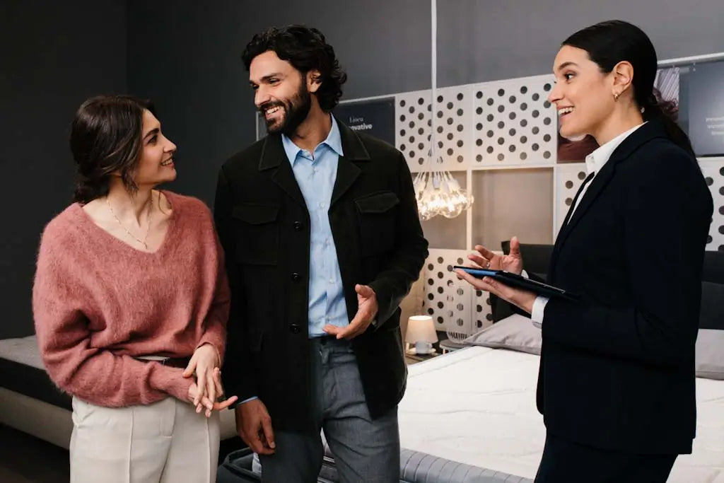 Coppia riceve consulenza da una consulente del riposo Dorelan su un materasso della Linea Innovative in Store.