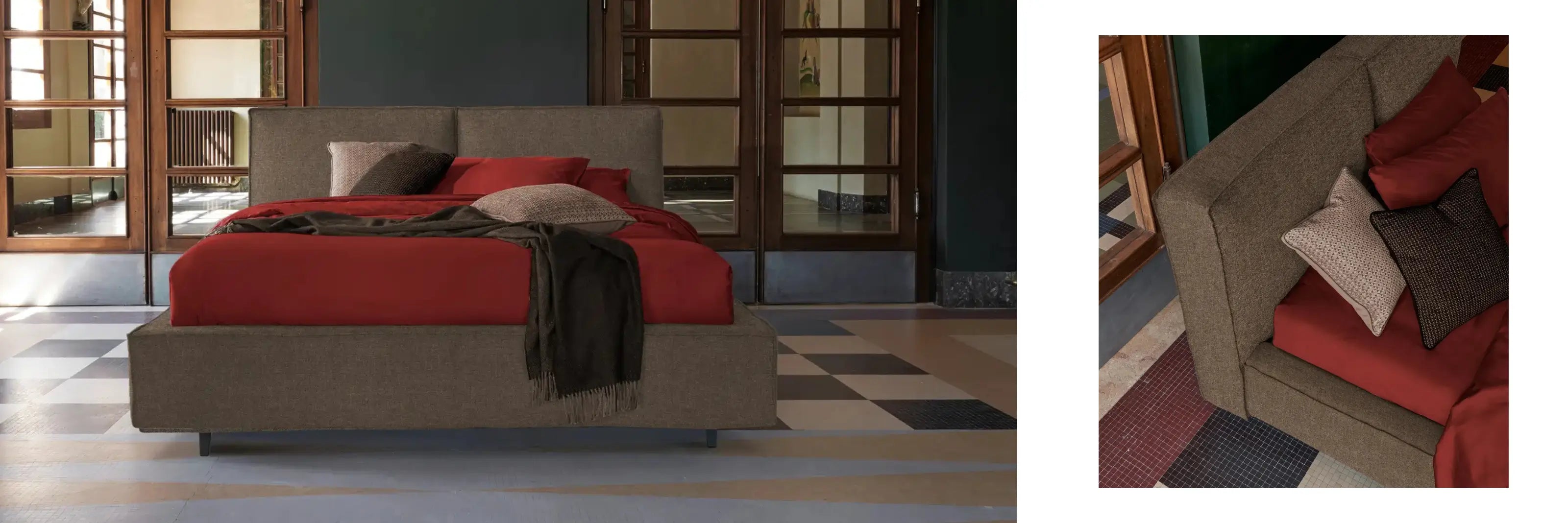 letto bill imbottito con giroletto ampio. color marrone con lenzuola rosse in un contesto elegante