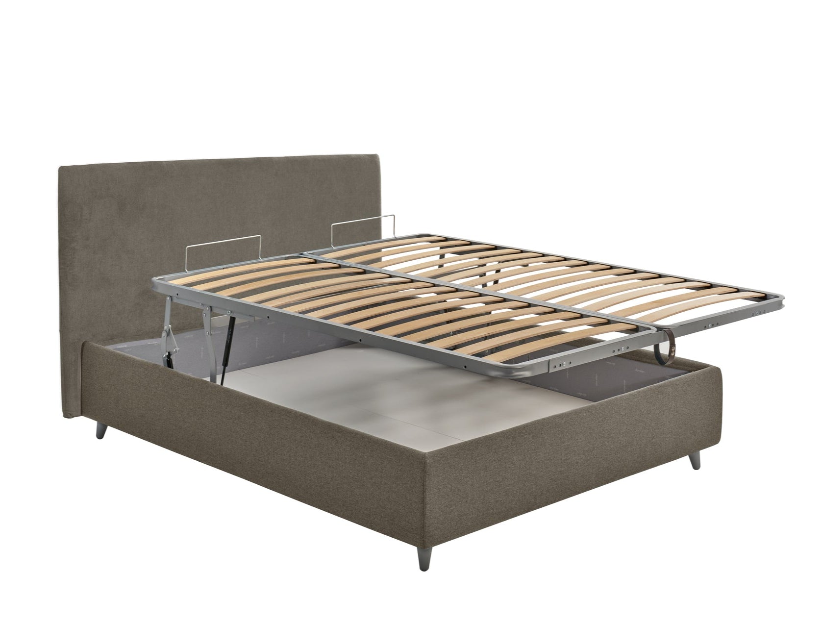 letto contenitore con alzata doppia. il piano è parallelo al pavimento