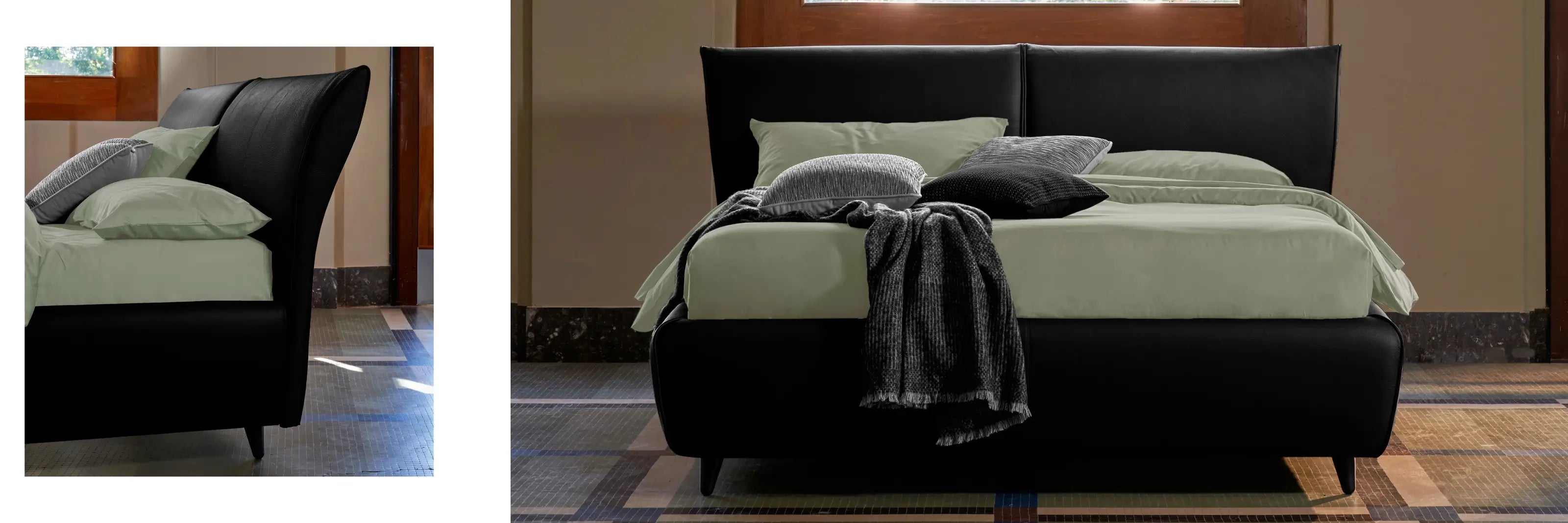 letto sportivo con testiera incurvata imbottito, letto in ecopelle nere con lenzuola menta