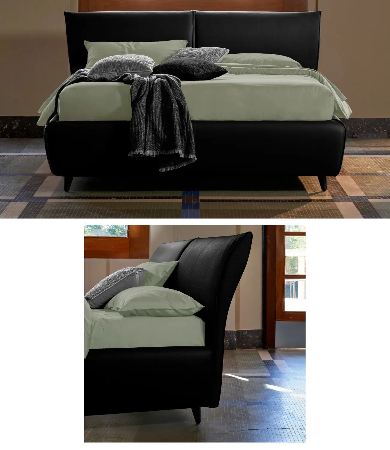 letto sportivo con testiera incurvata imbottito, letto in ecopelle nere con lenzuola menta