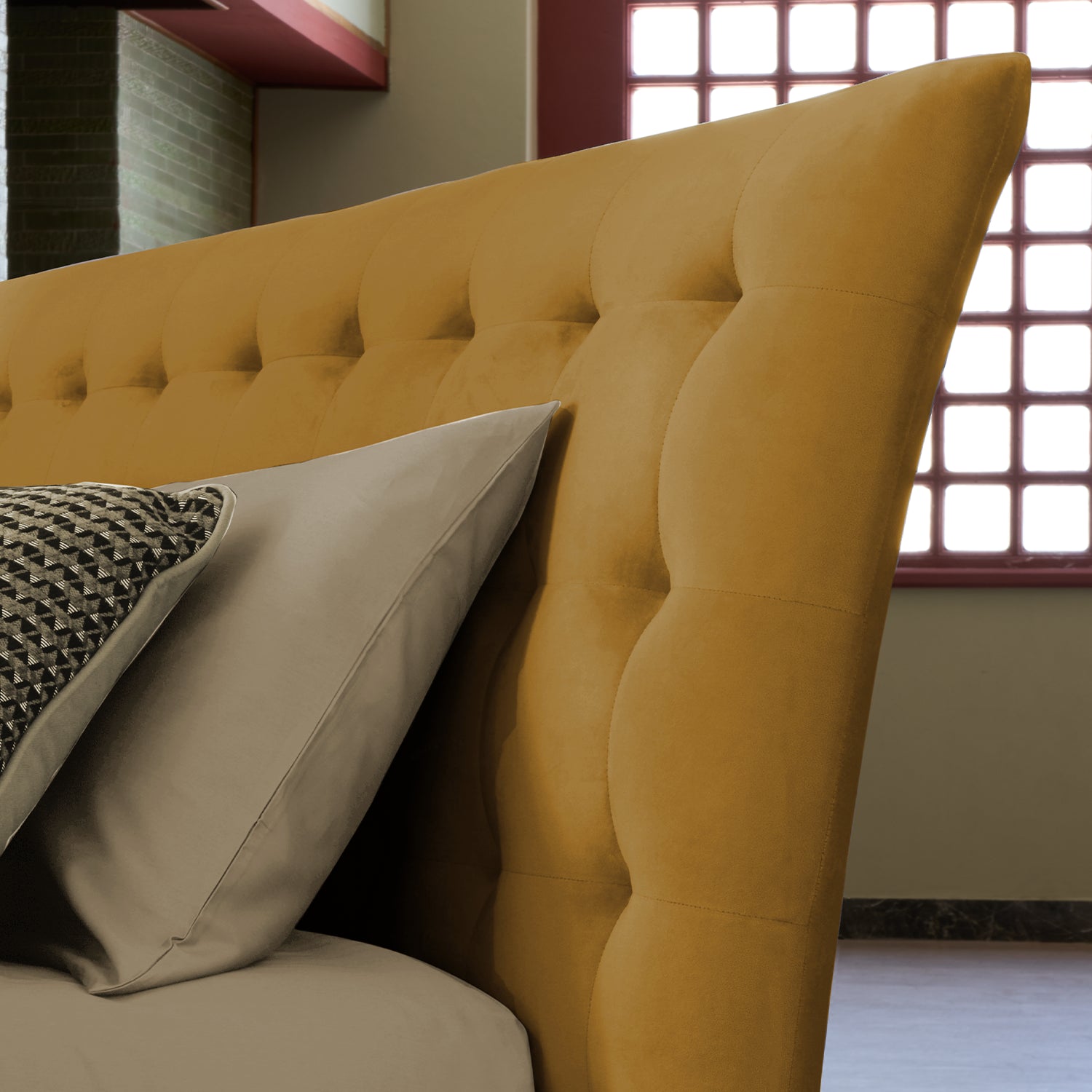 eileen letto trapunta capitonnè color giallo ocra