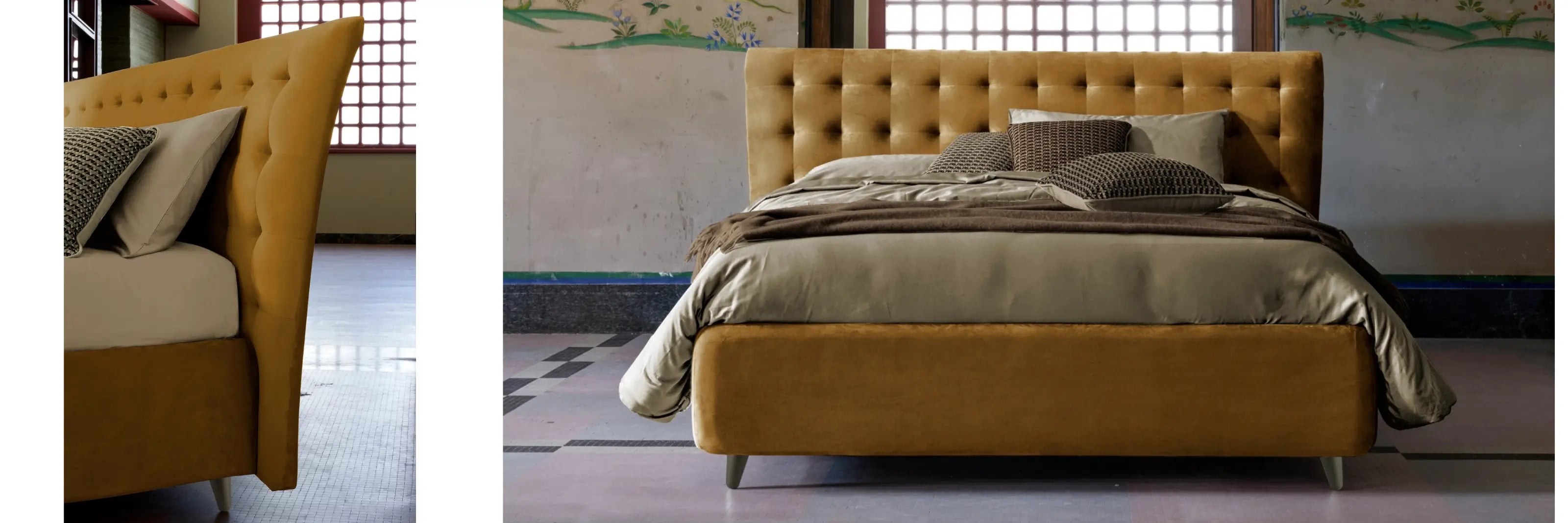letto giallo senape con testiera trapuntata e lenzuola color beige