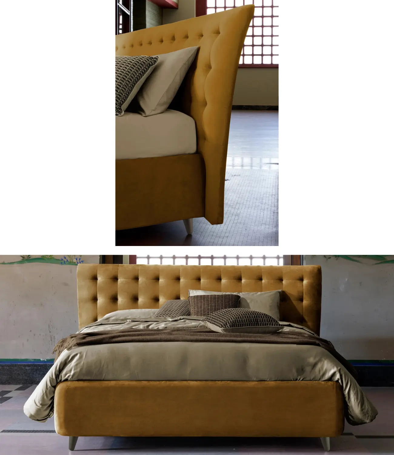 letto giallo senape con testiera trapuntata e lenzuola color beige