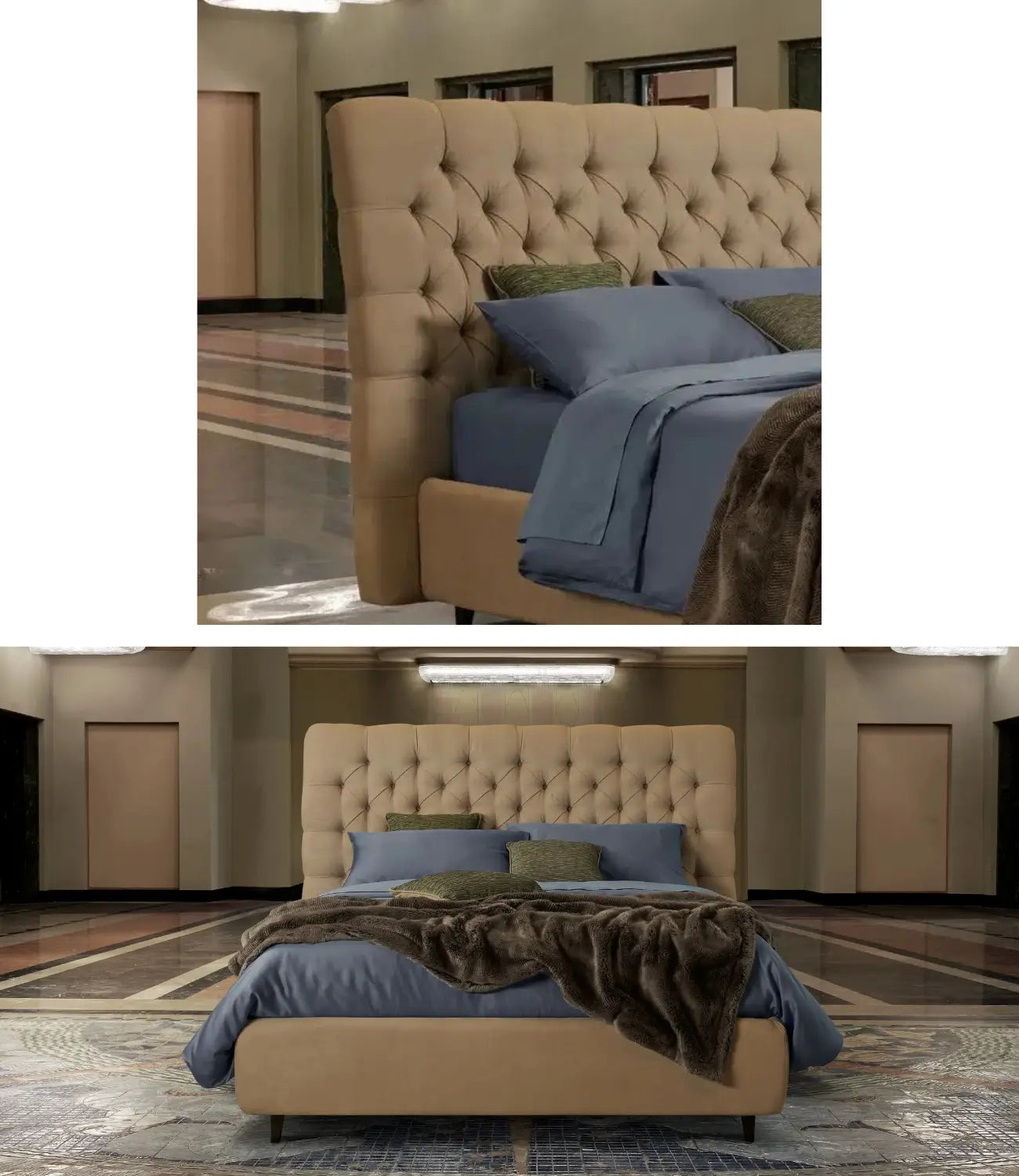 Letto imbottito crema con testiera trapuntata, biancheria celeste e plaid in eco pelliccia, su sfondo elegante e di design