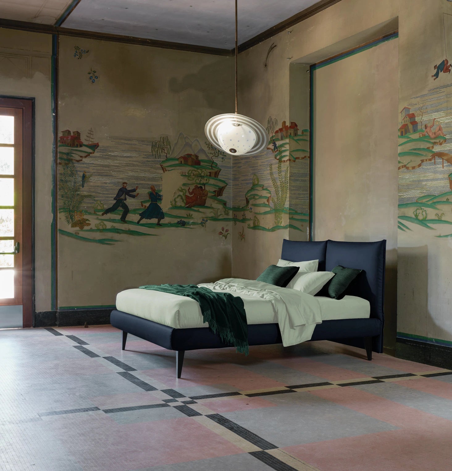 frank letto dorelan nuova collezione myroom. letto moderno nero con lenzuola color menta