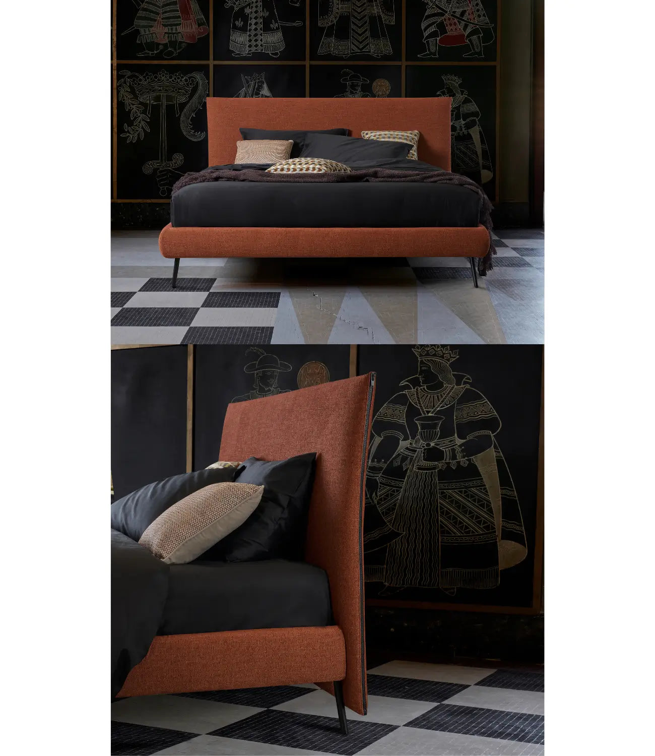 letto jackson compatto con testiera stretta e zip di design. letto color mattone con lenzuola nere