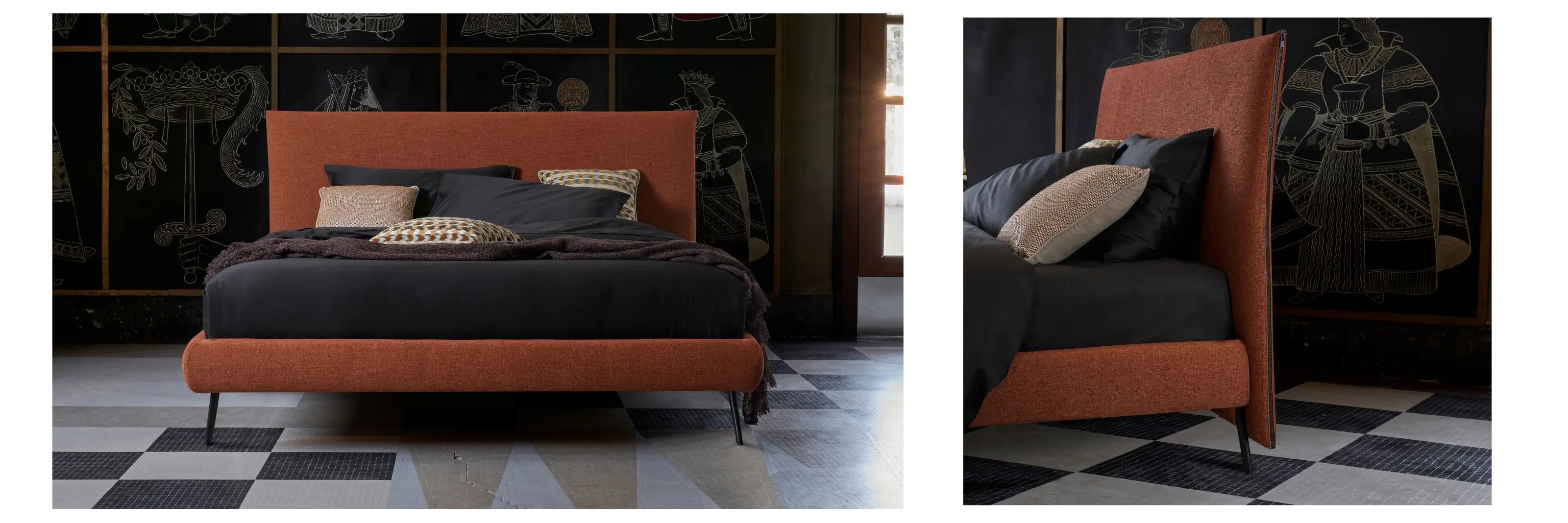 letto jackson compatto con testiera stretta e zip di design. letto color mattone con lenzuola nere