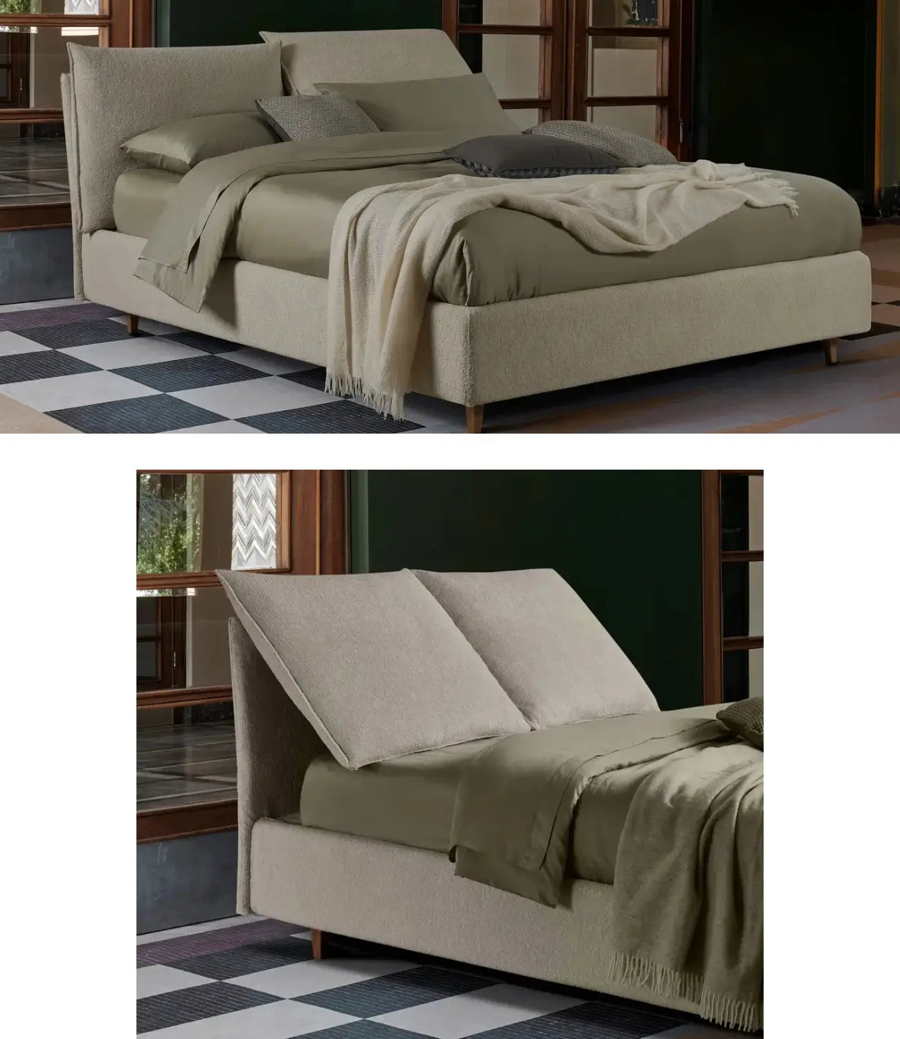 letto beige elegante e versatile con testiera reclinabile in teddy, con lenzuola verde pistacchio.