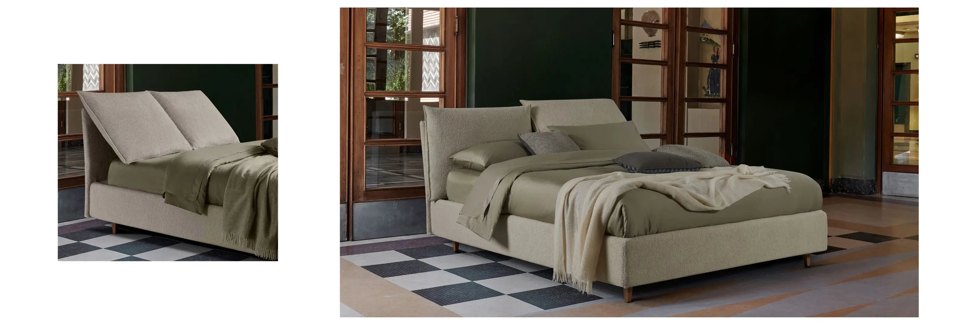 letto beige elegante e versatile con testiera reclinabile in teddy, con lenzuola verde pistacchio.