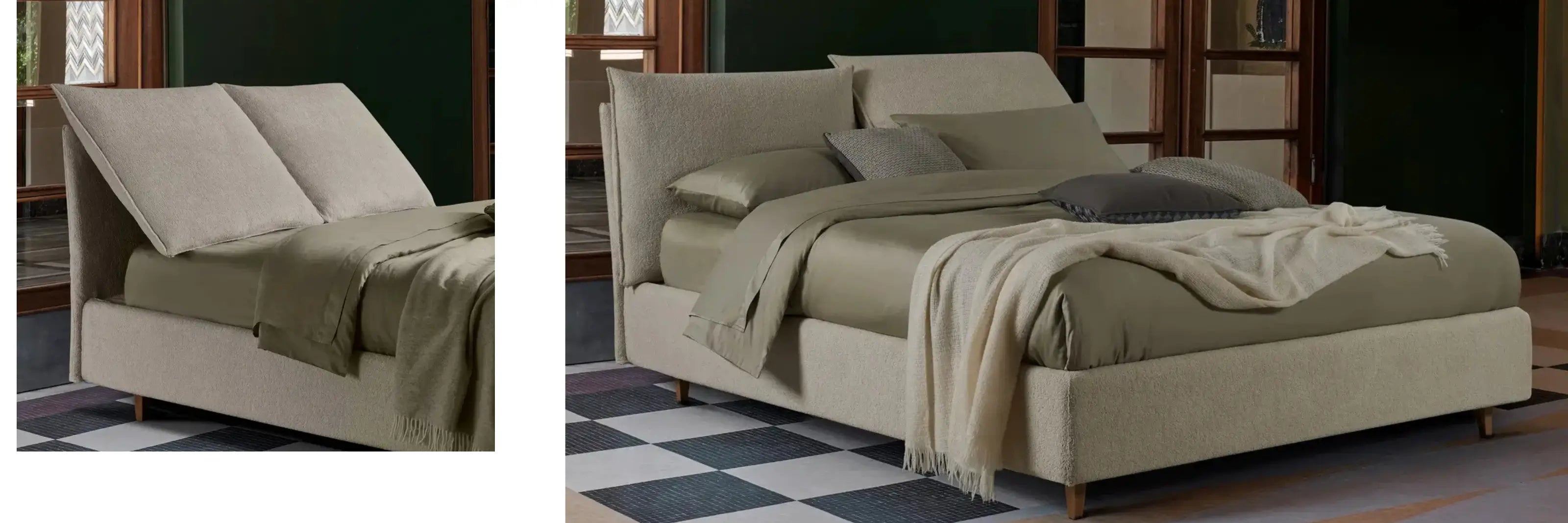 letto color beige con testiera relcinabile e regolabile, con lenzuola color pistacchio