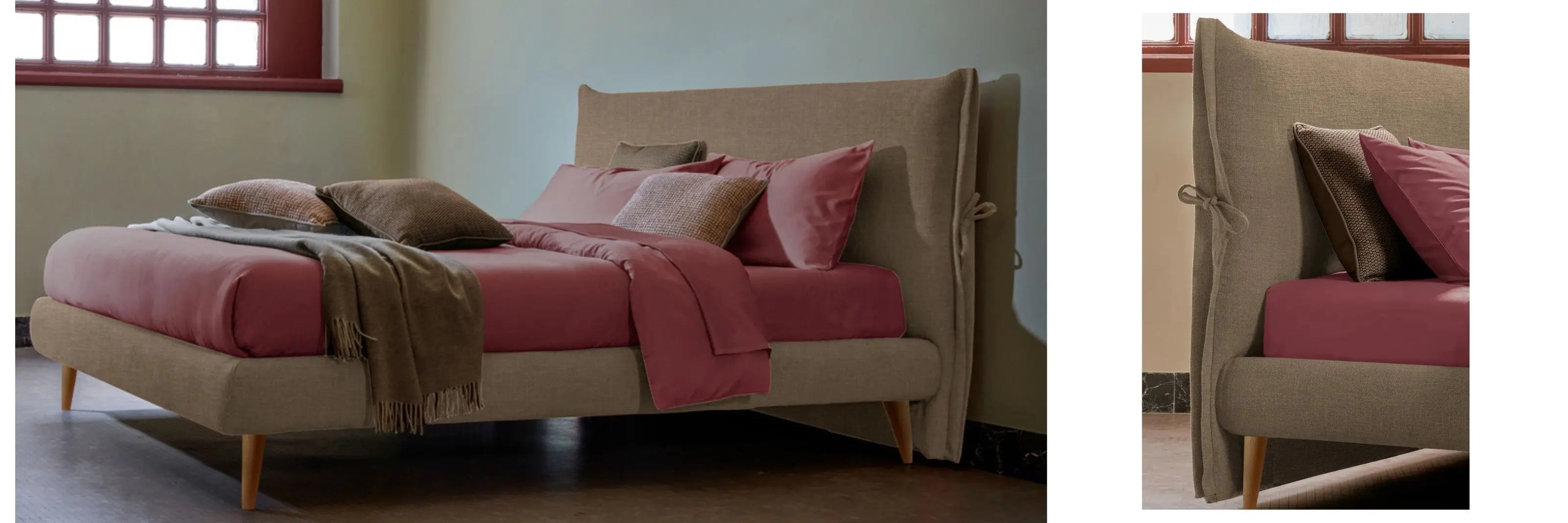 letto compatto con testiera stretta color sabbia con lenzuola salmone, caratterizzato da fiocchetti laterali