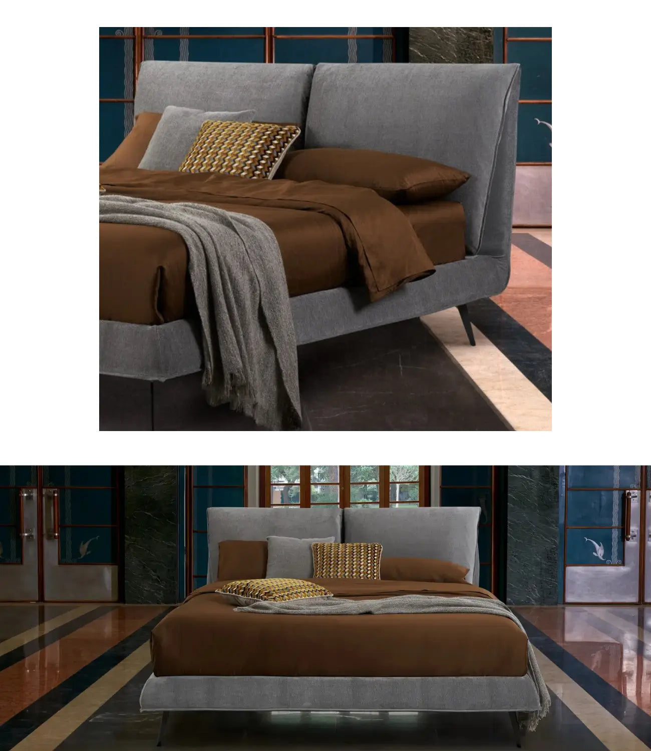 letto robert con cuscinatura inclinabile color grigio fumo di londra con lenzuola marroni