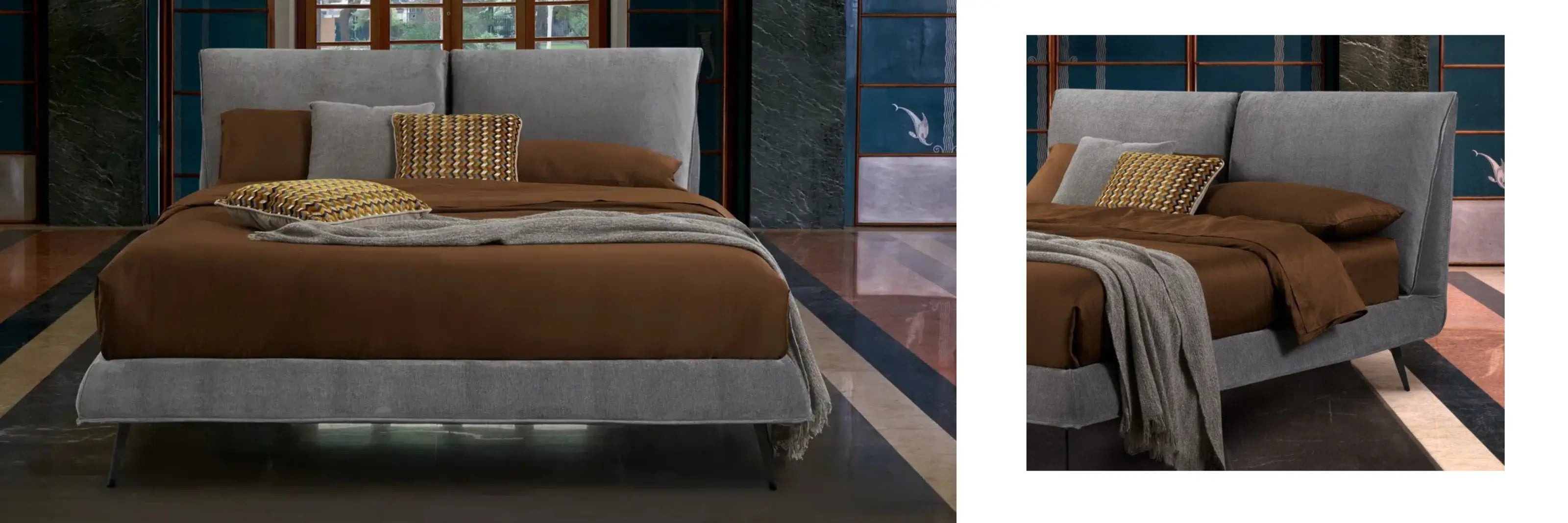 letto robert con cuscinatura inclinabile color grigio fumo di londra con lenzuola marroni