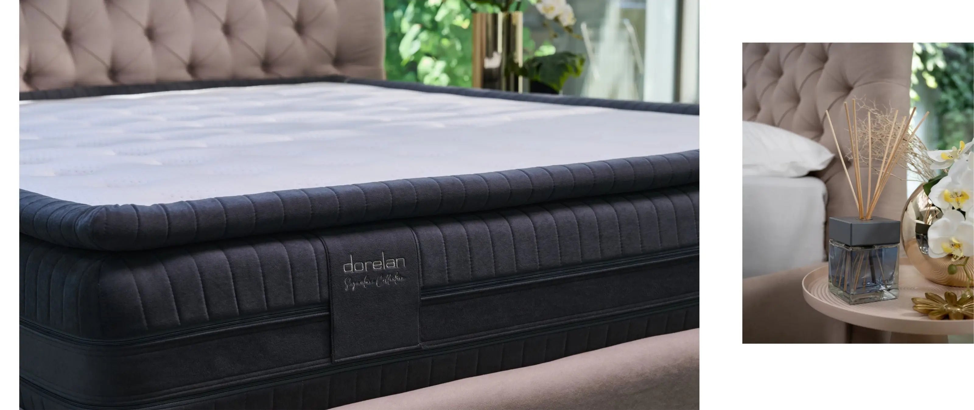 Camera elegante: materasso Dorelan Signature Collection e accessori decorativi sul tavolino