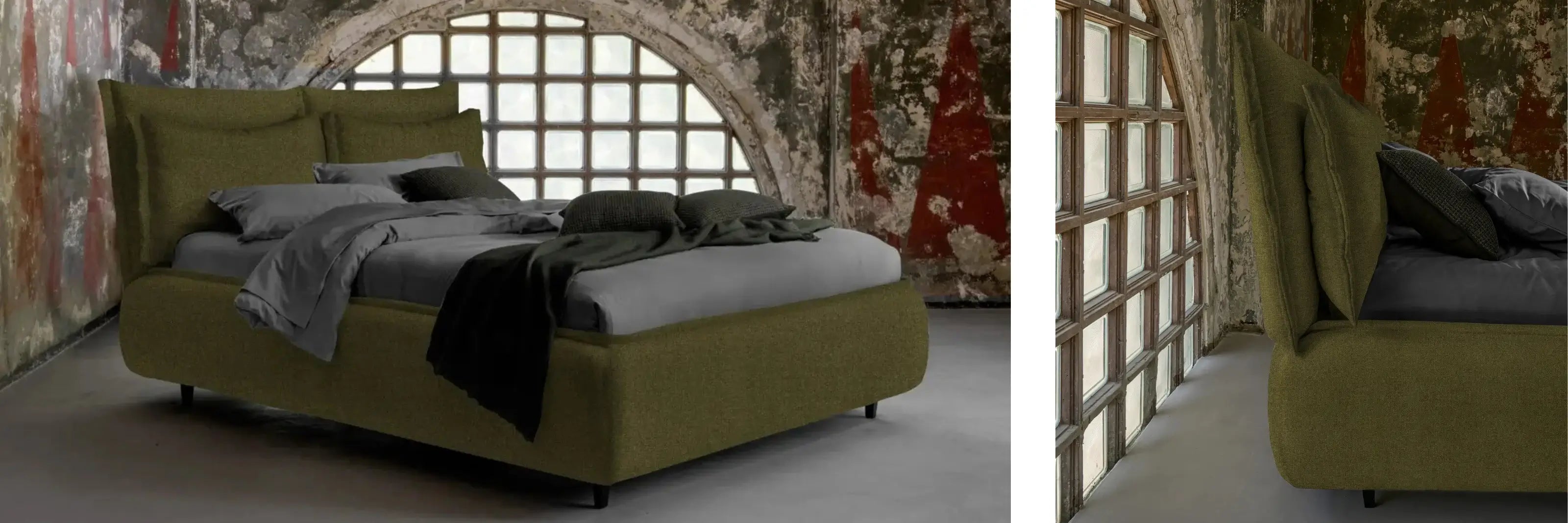 letto di design con doppia cuscinatura color verde bosco con lenzuola grigie in una villa antica