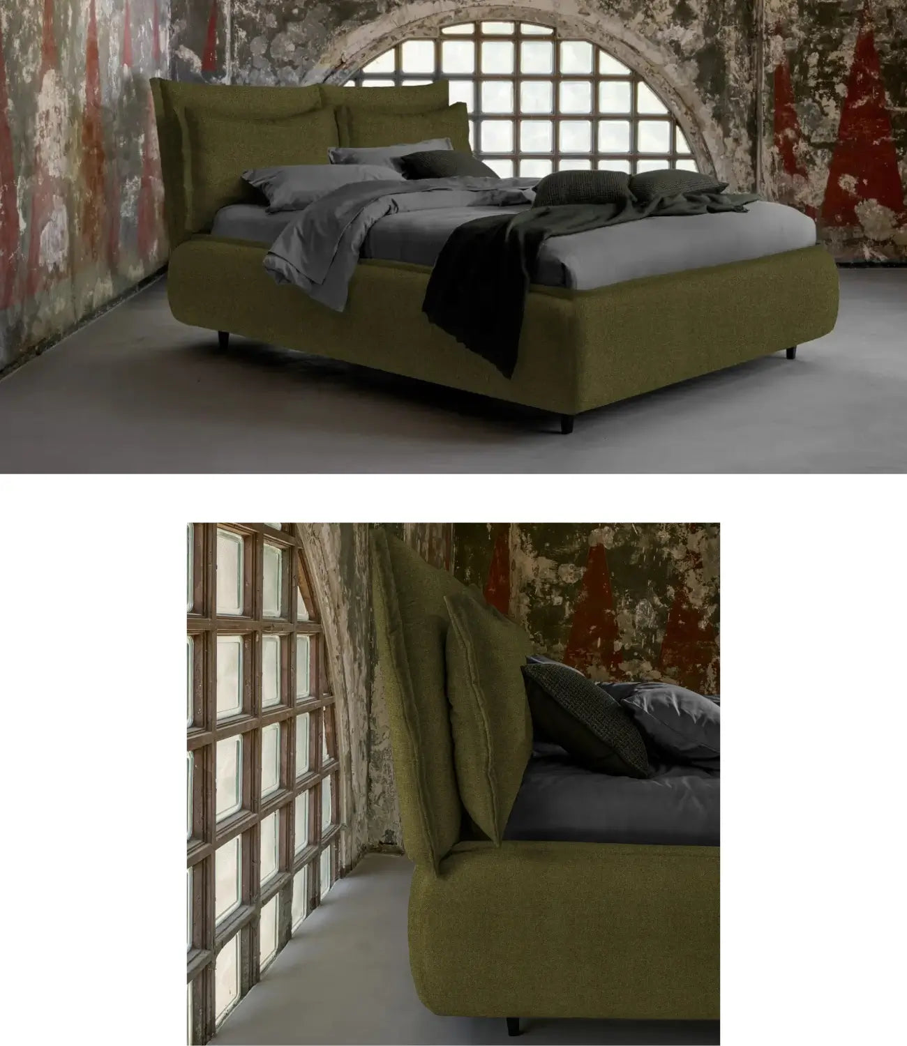 letto di design con doppia cuscinatura color verde bosco con lenzuola grigie in una villa antica