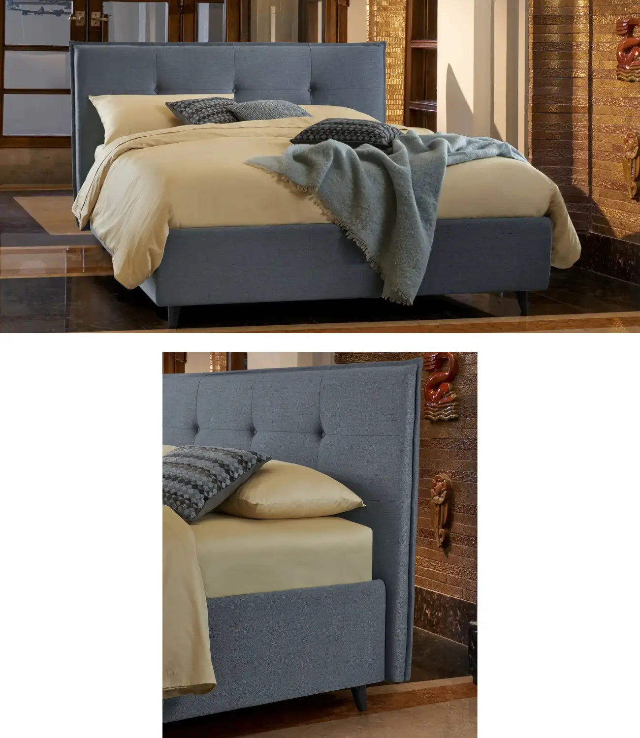 letto compatto con testiera impunturata color celeste con lenzuola crema in contesto antico