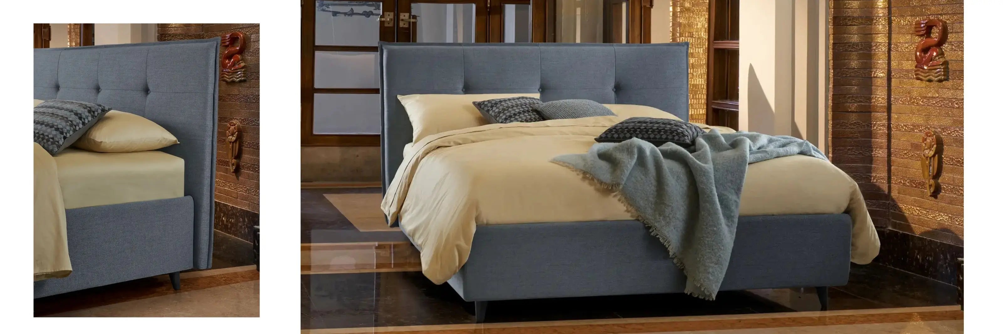 letto compatto con testiera impunturata color celeste con lenzuola crema in contesto antico