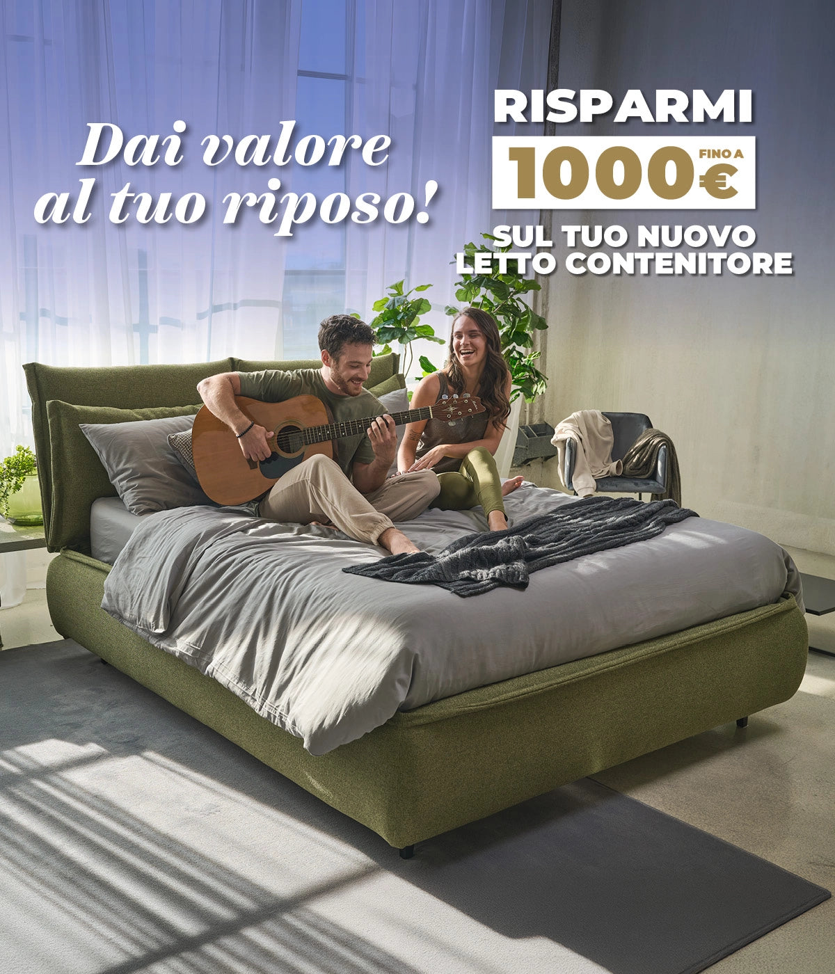 ragazzi suonano la chitarra nel loro nuovo letto dorelan. promo del mese: risparmi fino a 1000€ sul nuovo letto contenitore