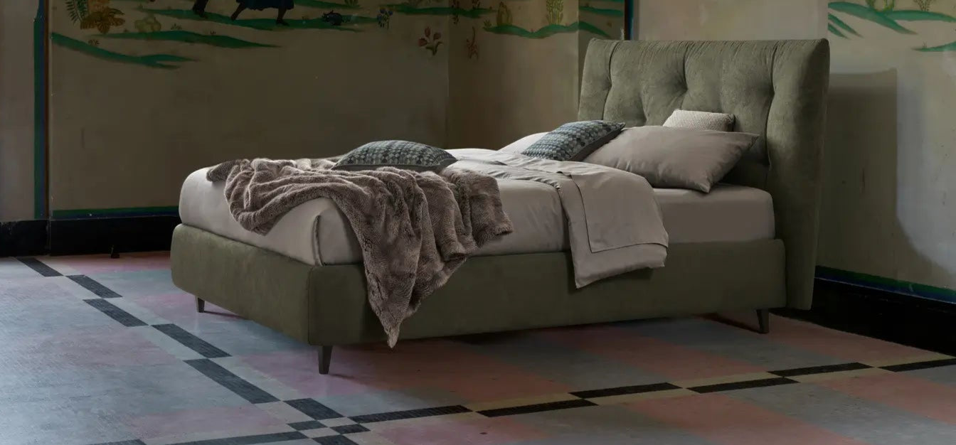 gustav letto morbido e imbottito dorelan. letto verde con impunture 